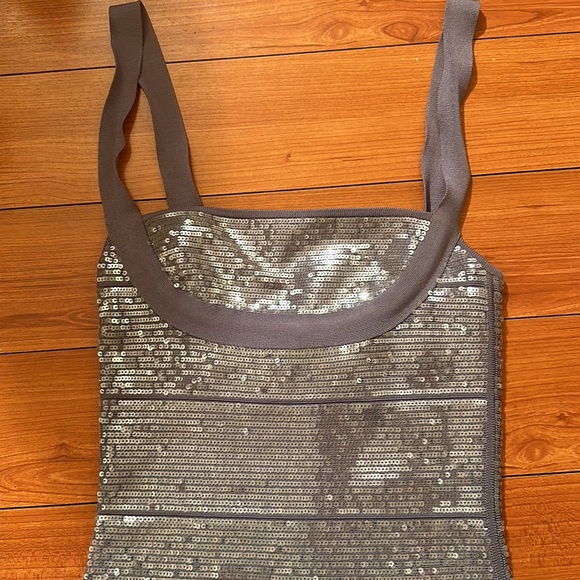 HERVE LEGER GUN SMOKE SILVER SEQUINED BANDAGE DRESS SIZE S - Picture 5 of 5